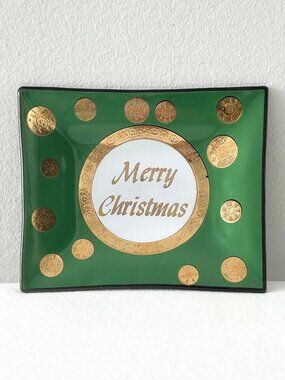 Vintage MERRY CHRISTMAS Glass Trinket Dish Tray Green Gold Medallions Houze MCM
